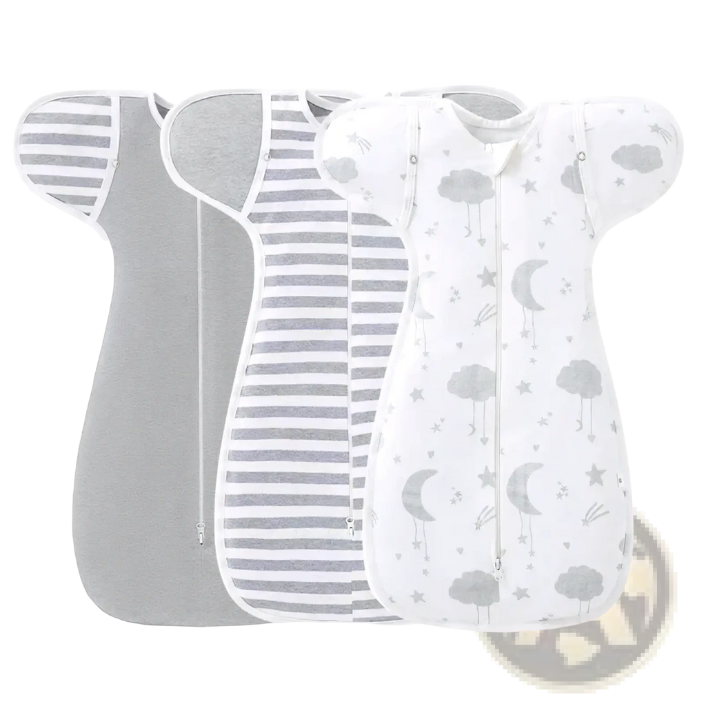 Three cotton newborn swaddle sleep sacks in soft gray and white with stripes and cloud and moon designs for 0-6 months