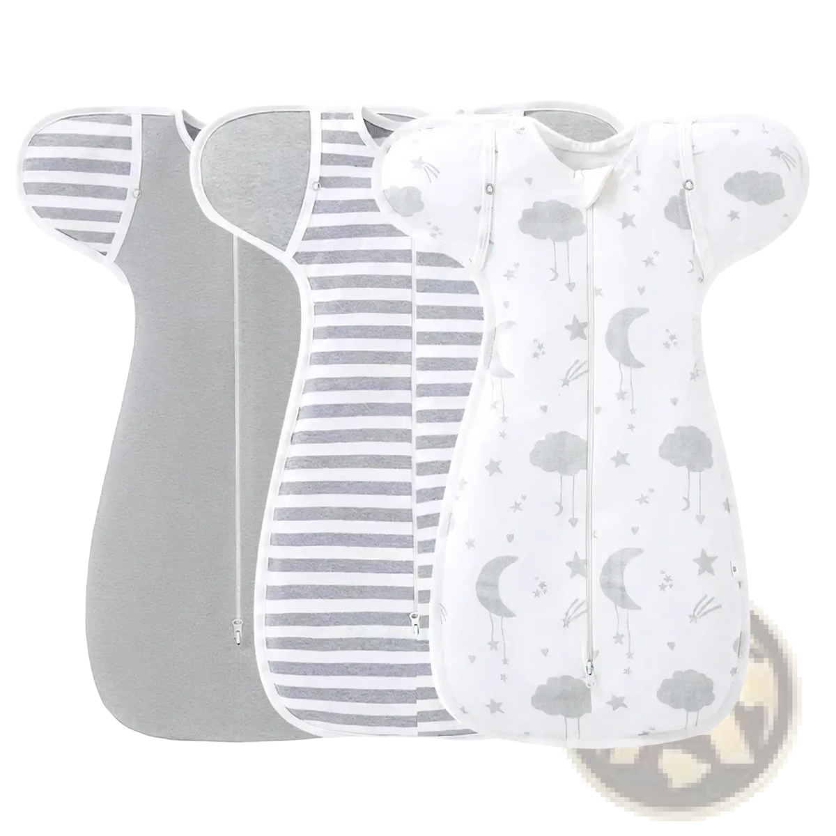 Three cotton newborn swaddle sleep sacks in soft gray and white with stripes and cloud and moon designs for 0-6 months