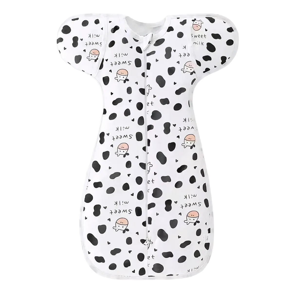 Cotton newborn swaddle sleep sack for 0-6 months in white with black cow print soft fabric and front zipper closure