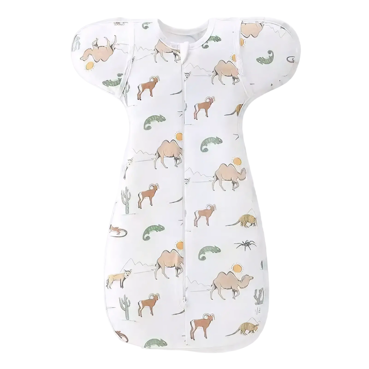 White cotton newborn swaddle sleep sack with playful desert animal print featuring camels goats chameleons and cacti