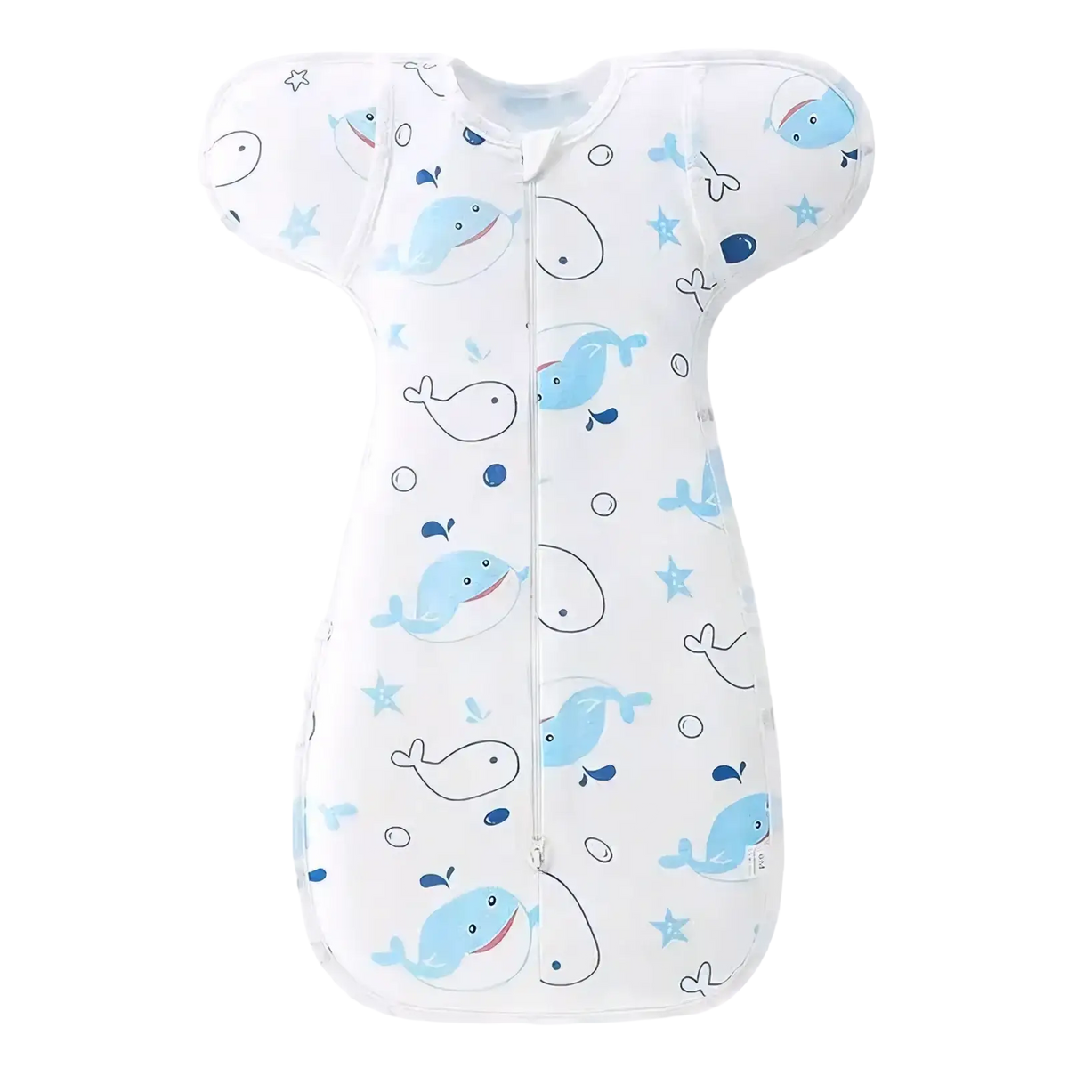 Cotton newborn swaddle sleep sack 0-6 months in white with light blue whales stars and bubbles playful pattern