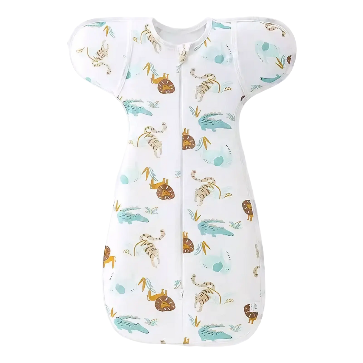 Cotton newborn swaddle sleep sack 0-6 months white with playful teal alligators orange tigers brown lions on soft fabric
