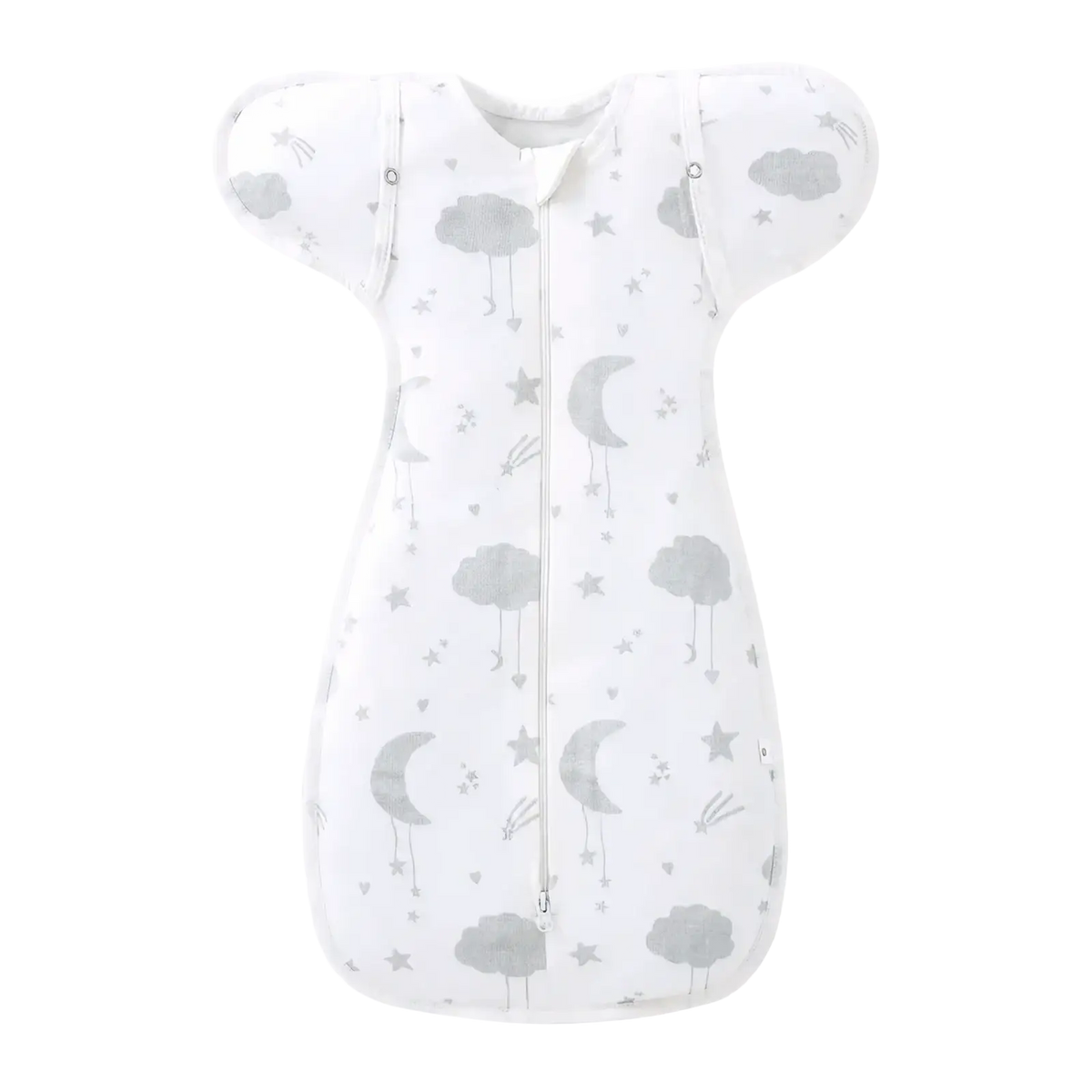 White cotton newborn swaddle sleep sack with gray cloud moon and star patterns for 0-6 months infant use