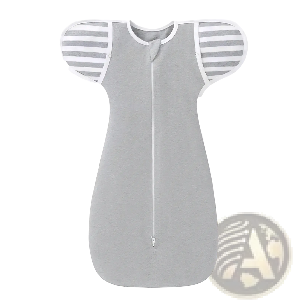 Gray cotton newborn swaddle sleep sack with white striped sleeves and central zipper for 0-6 months baby