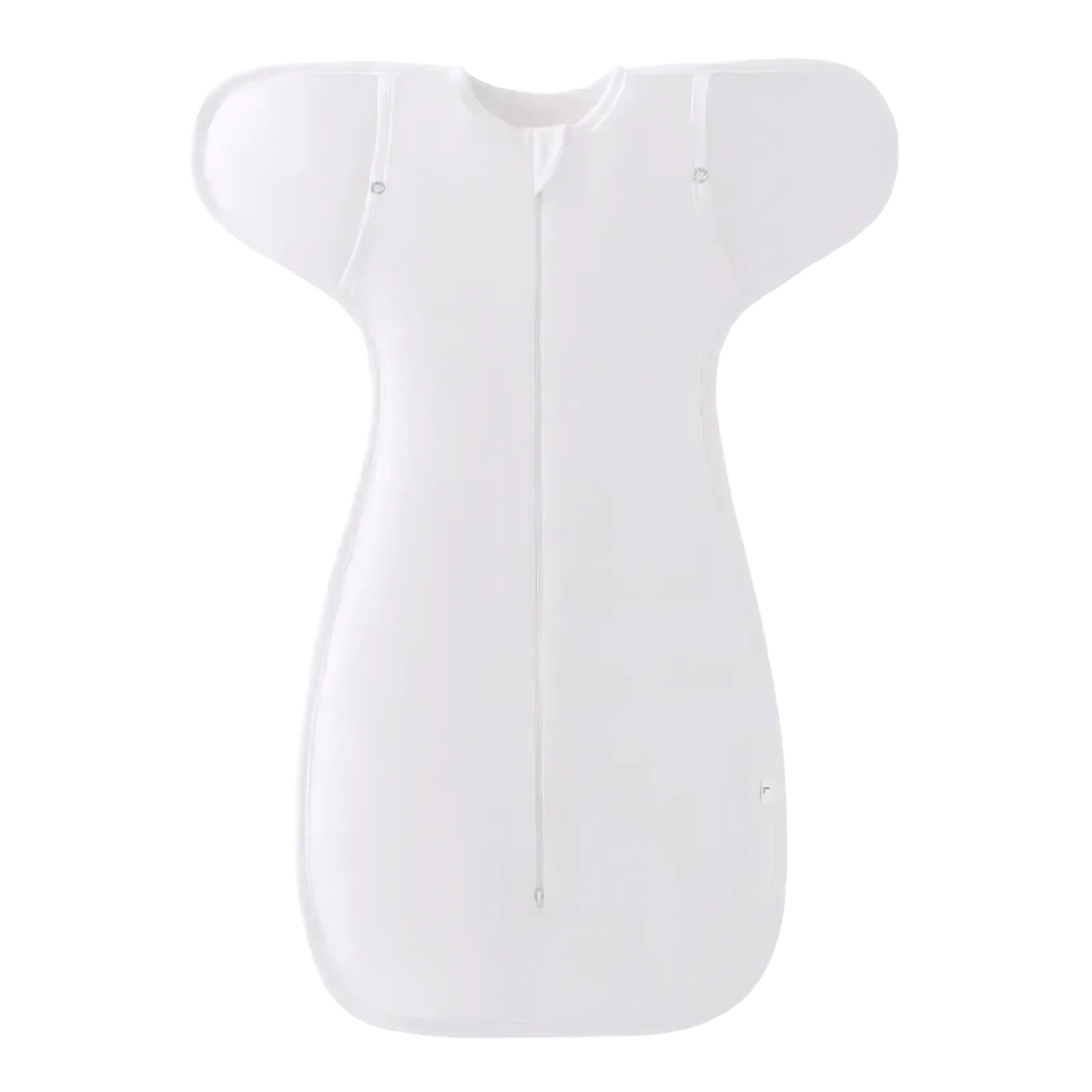 White cotton newborn swaddle sleep sack with soft fabric full-length zipper and rounded armholes for 0-6 months