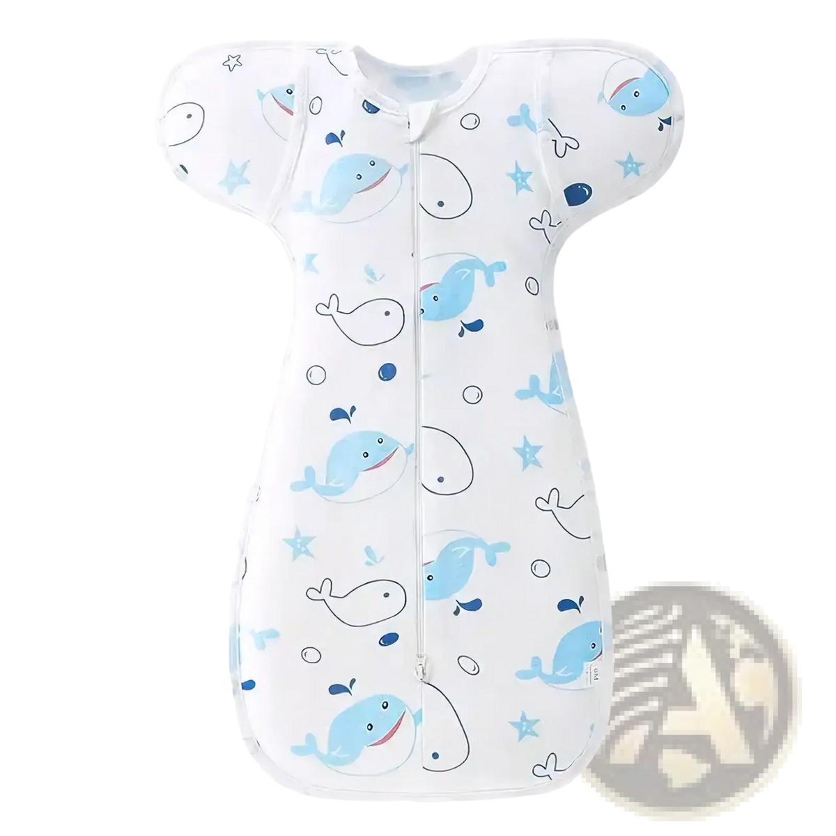 Cotton newborn swaddle sleep sack 0-6 months in white with light blue whales stars and bubbles playful pattern
