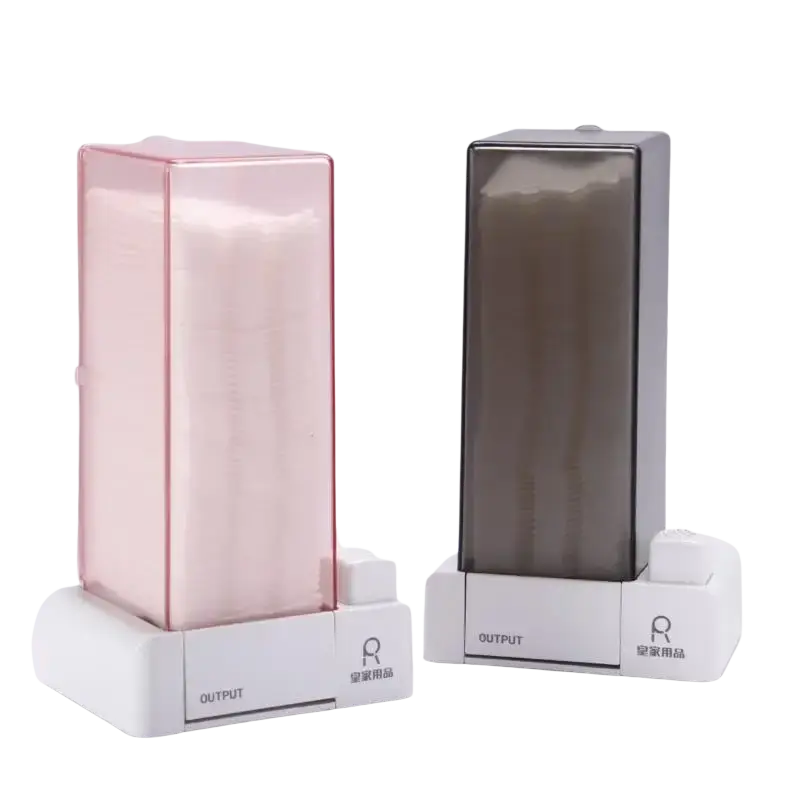 Cotton pad dispenser and storage box in pink with dark gray translucent plastic and white base for dustproof storage