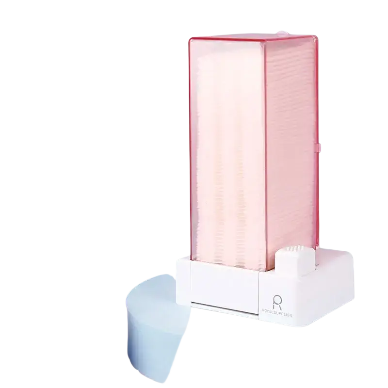 Pink translucent rectangular cotton pad dispenser and storage box with a white base designed for dustproof cotton pad storage