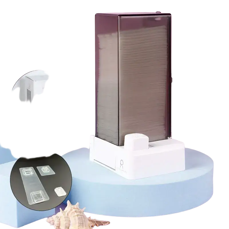 Transparent dark gray cotton pad dispenser with white base and clear plastic accessories for storage box use