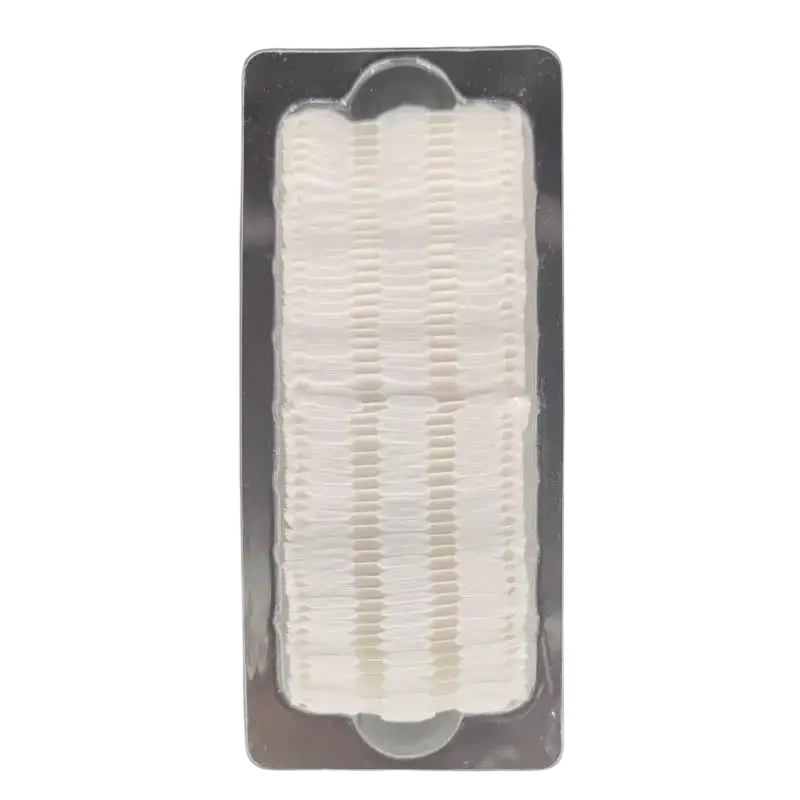 White rectangular cotton pads neatly stacked in a pink dustproof cotton pad dispenser storage box