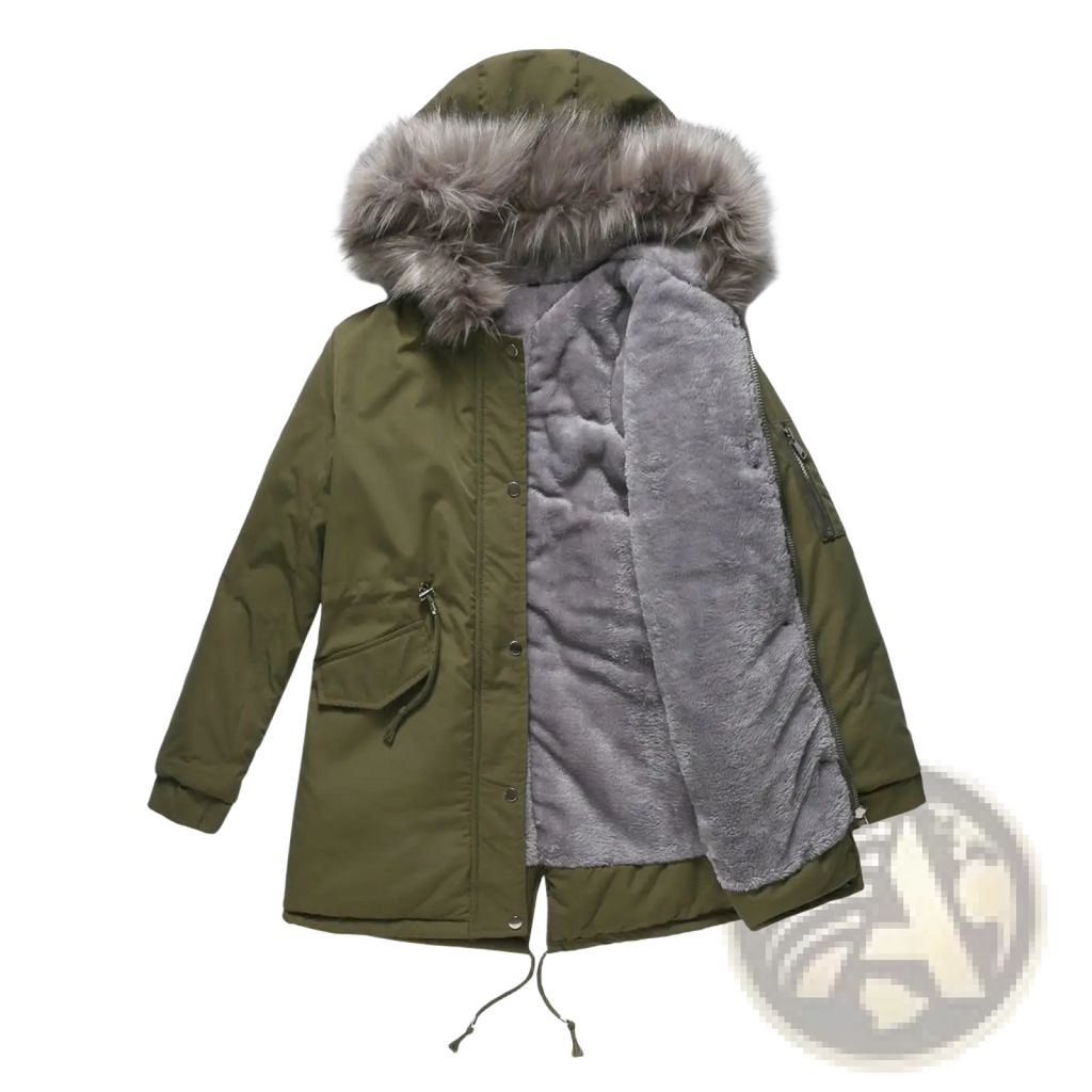 Olive green cotton padded parka with hood featuring gray faux fur-lined hood and plush gray interior lining for winter use