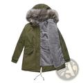 Olive green cotton padded parka with hood featuring gray faux fur-lined hood and plush gray interior lining for winter use