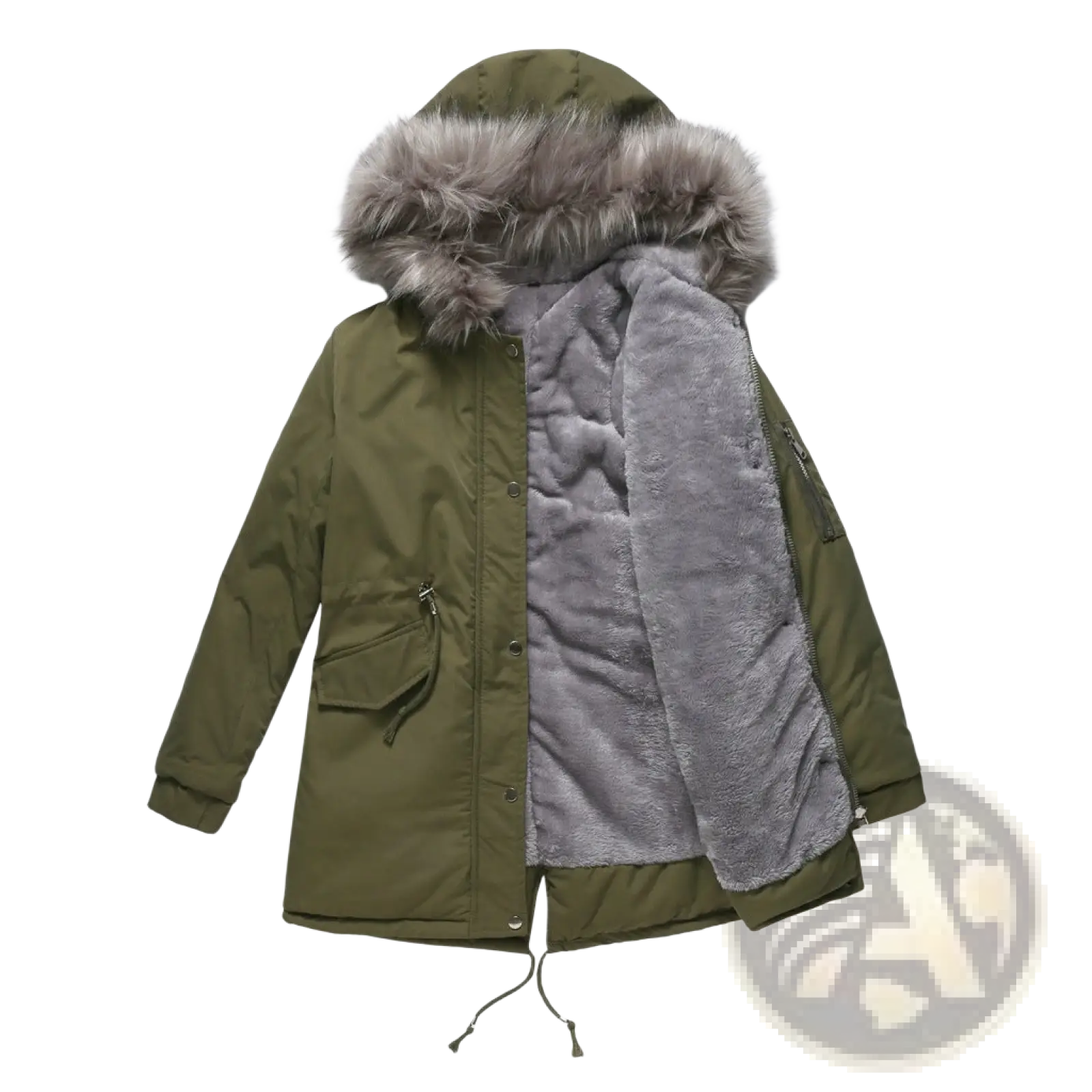 Olive green cotton padded parka with hood featuring gray faux fur-lined hood and plush gray interior lining for winter use