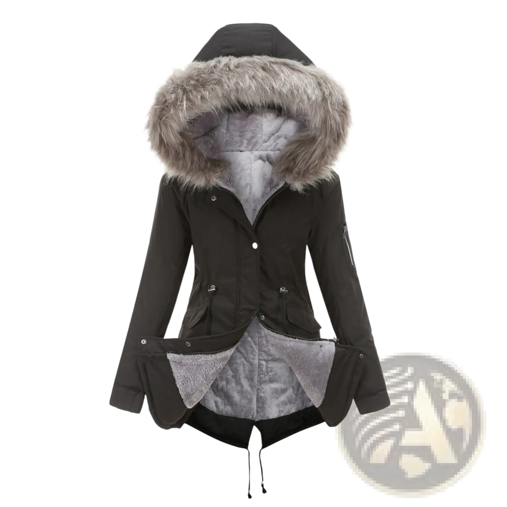 Black cotton padded parka with hood featuring fluffy gray faux fur trim and silver-lined interior