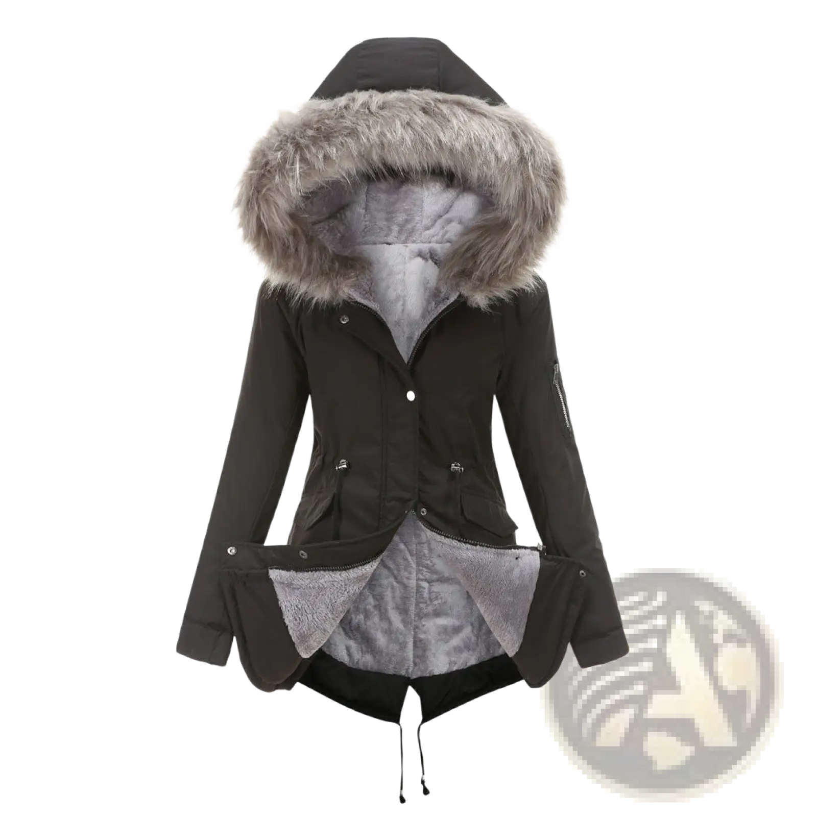 Black cotton padded parka with hood featuring fluffy gray faux fur trim and silver-lined interior