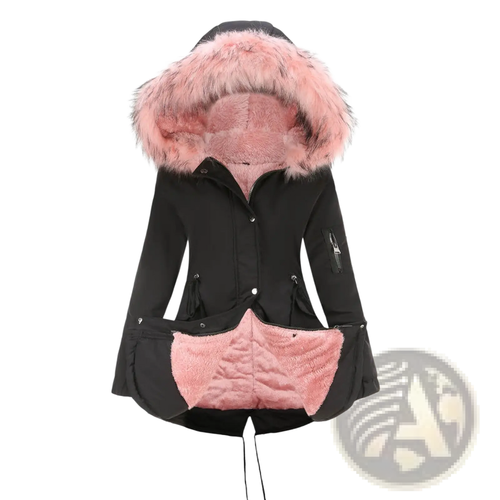Black cotton padded parka with hood featuring fluffy pink fur-lined hood and matching pink plush interior lining