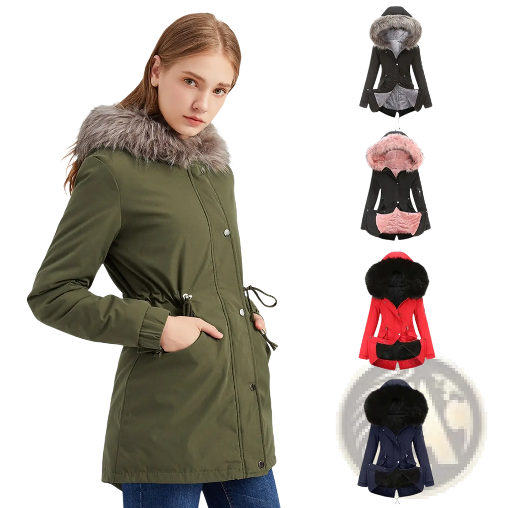 Olive green cotton padded parka with hood featuring plush gray faux fur trim and front button closure
