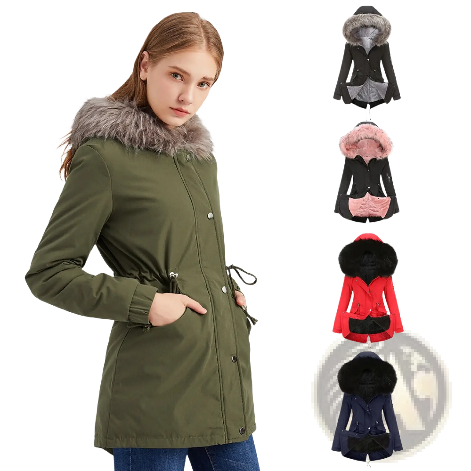 Olive green cotton padded parka with hood featuring plush gray faux fur trim and front button closure