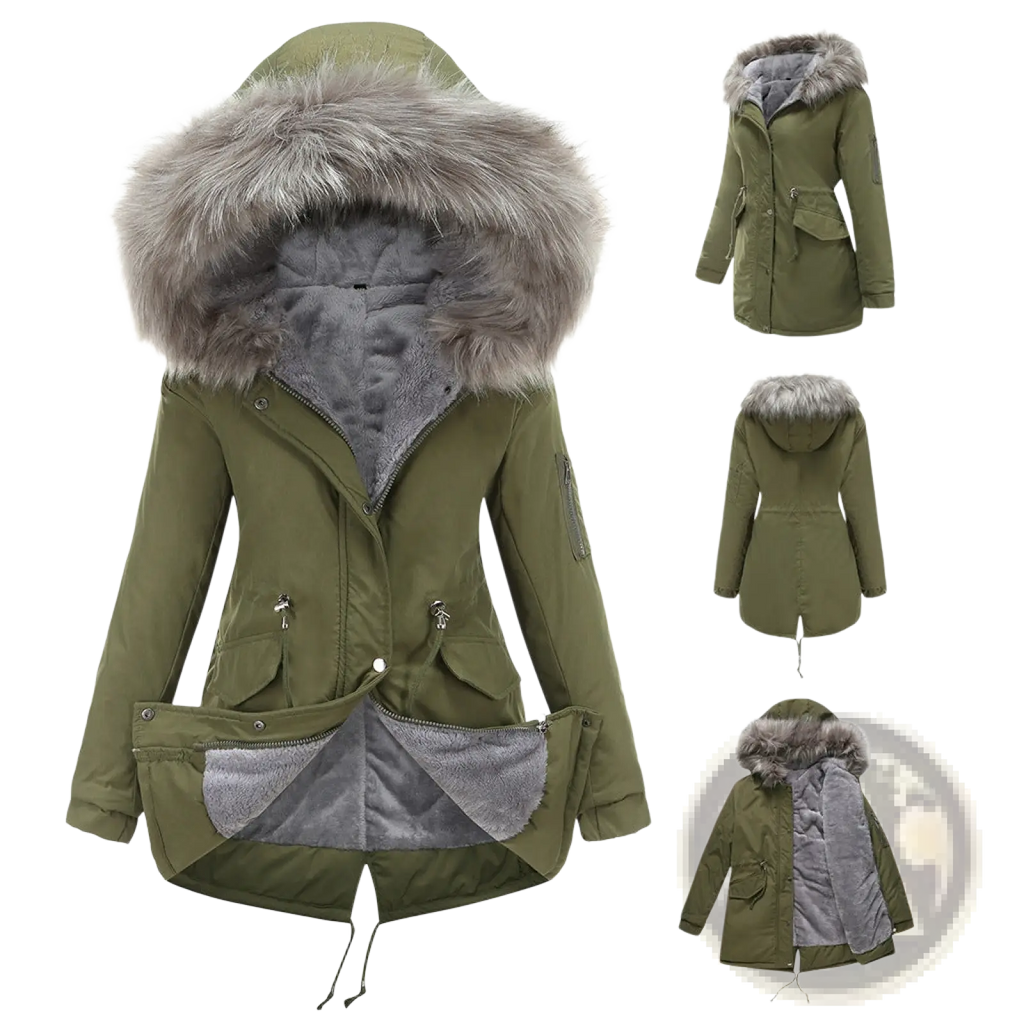 Olive green cotton padded parka with hood featuring plush gray faux fur lining and interior for winter warmth
