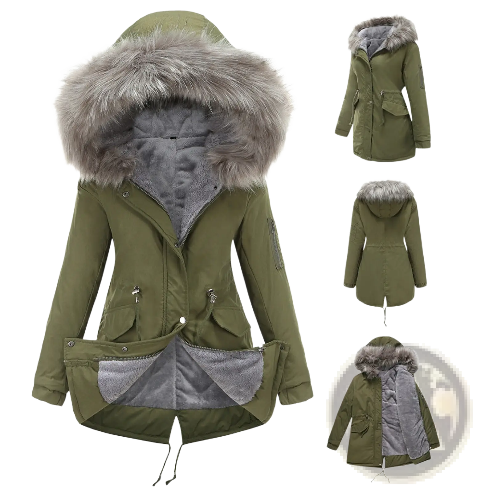 Olive green cotton padded parka with hood featuring plush gray faux fur lining and interior for winter warmth
