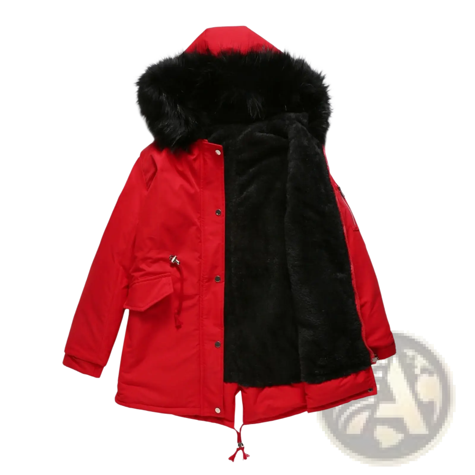 Red cotton padded winter parka with a black fur-lined hood and matching plush interior for cold weather use