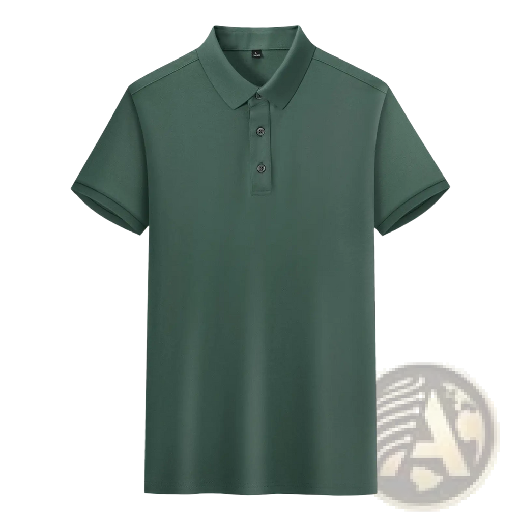 A solid dark green cotton polo shirt for men with short sleeves and a classic collar for workwear use