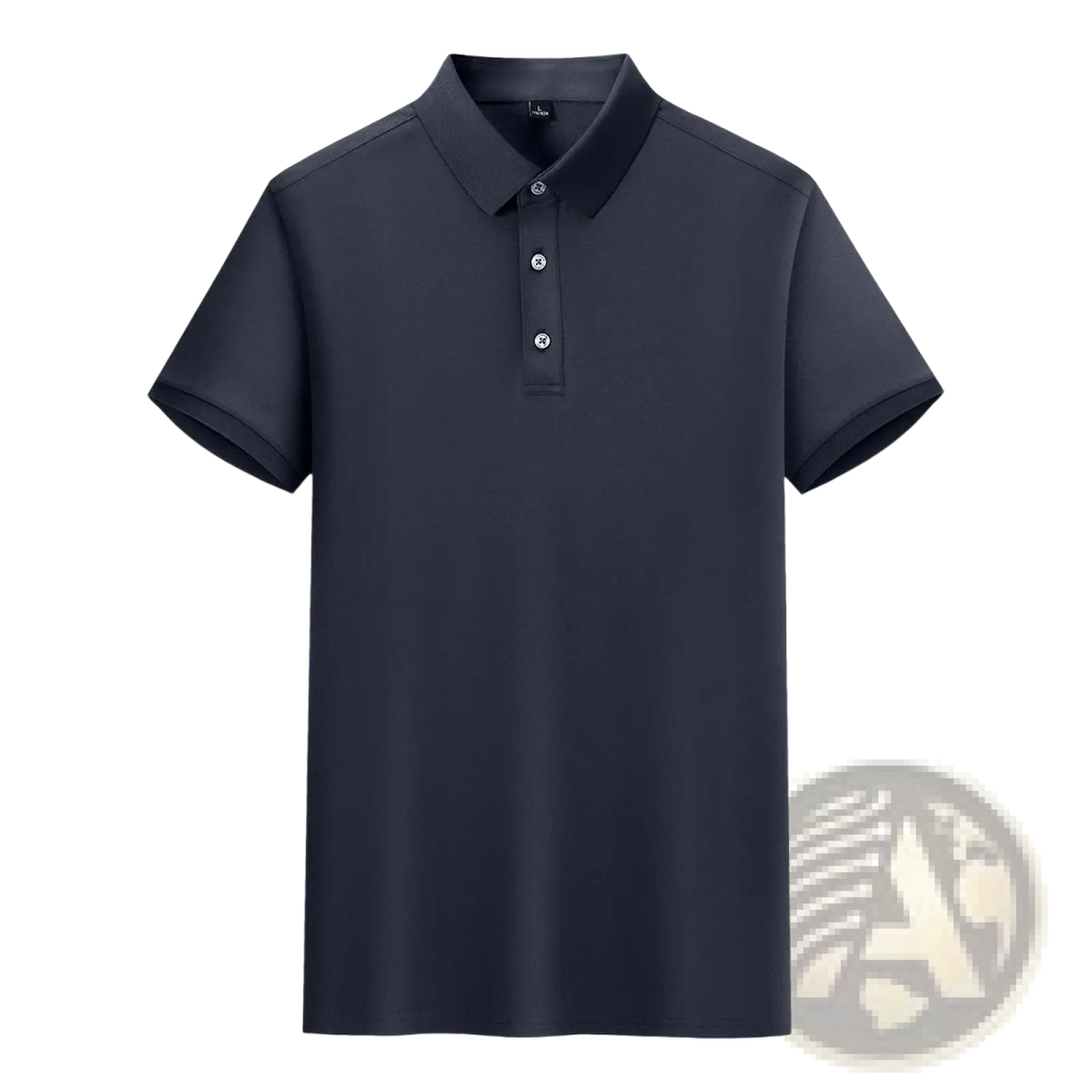 Dark navy cotton polo shirt for men with short sleeves classic collar and three white buttons for workwear use