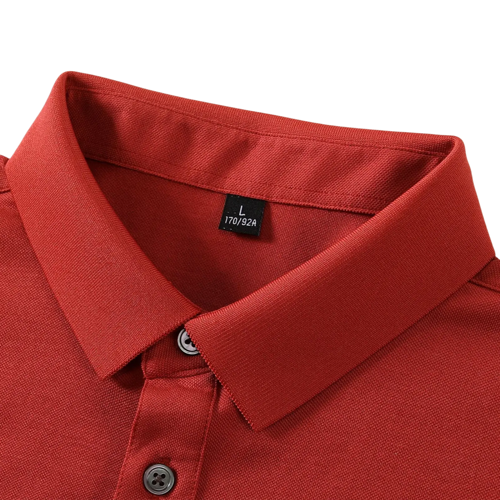 Red cotton polo shirt for men with textured fabric and black buttons short sleeve workwear design