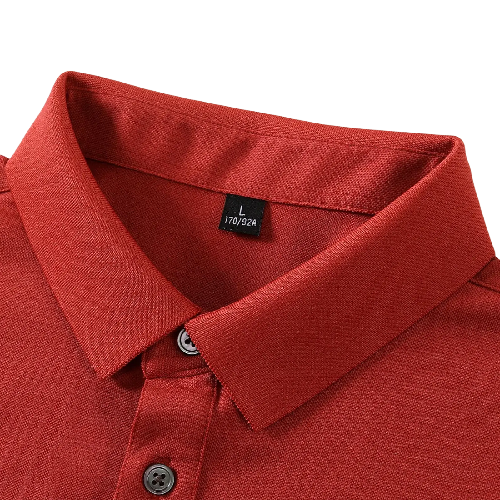 Red cotton polo shirt for men with textured fabric and black buttons short sleeve workwear design