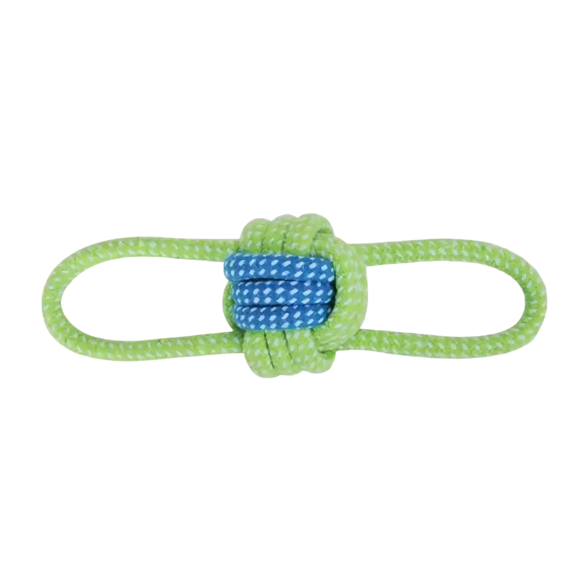 Bright green cotton rope dog toy with blue and white checkered knot for chew and teeth cleaning purposes
