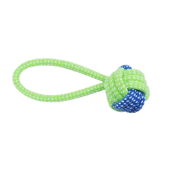 Bright green and blue cotton rope dog toy with loop handle 18cm for chew and teeth cleaning purposes