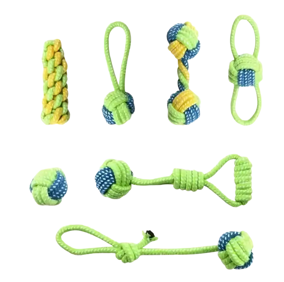 Bright green and blue cotton rope dog toys in ball handle and braided shapes for chew and teeth cleaning