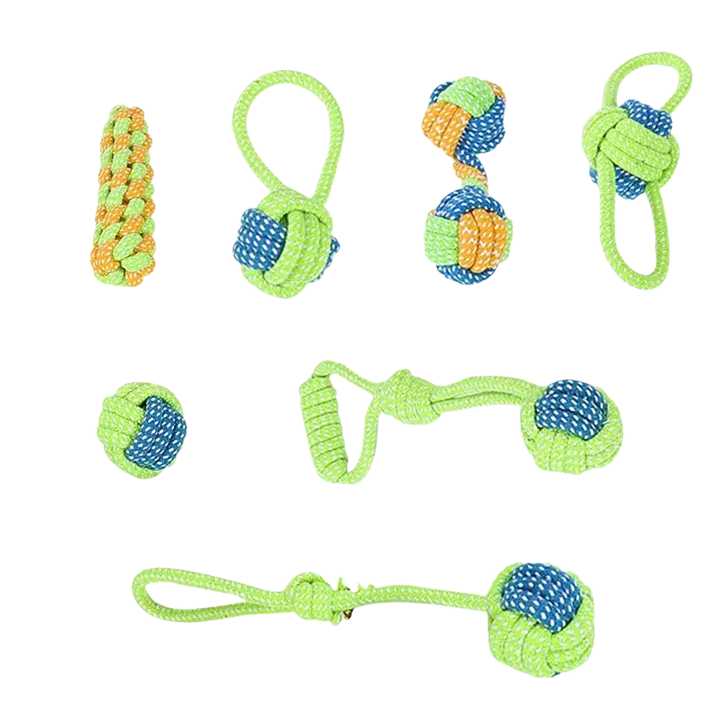 Bright green and blue cotton rope dog toys with knotted handles for chewing and teeth cleaning