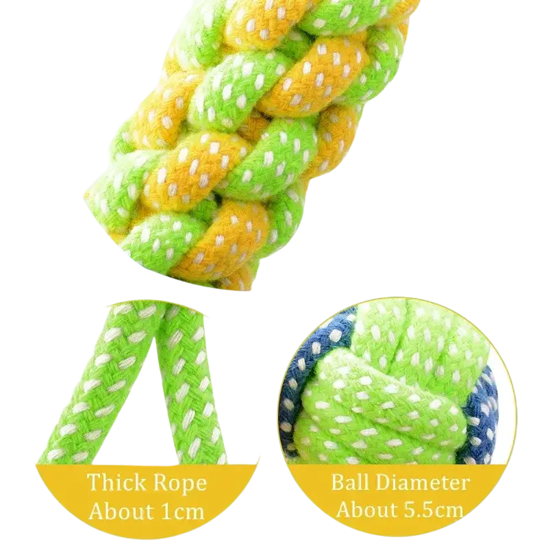 Bright green and yellow polka-dotted cotton rope dog toy with durable braided texture for chewing and teeth cleaning