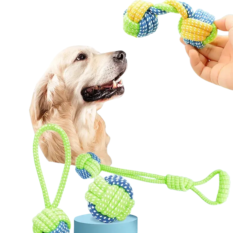 Brightly colored cotton rope dog toy with lime green and blue-yellow sections for chew and teeth cleaning purposes