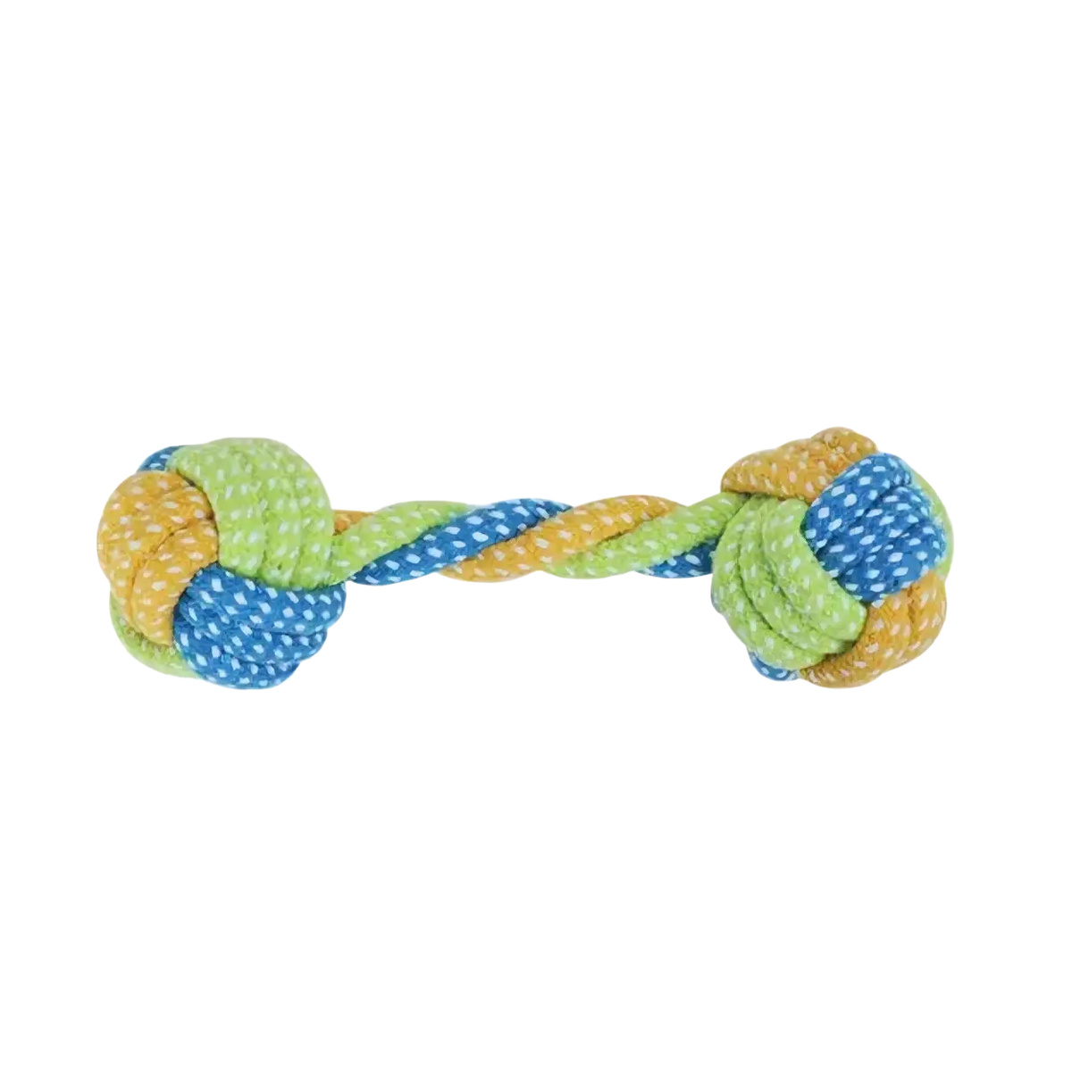 Colorful 18cm cotton rope dog toy with green blue and yellow braided knotted ends for chew and teeth cleaning