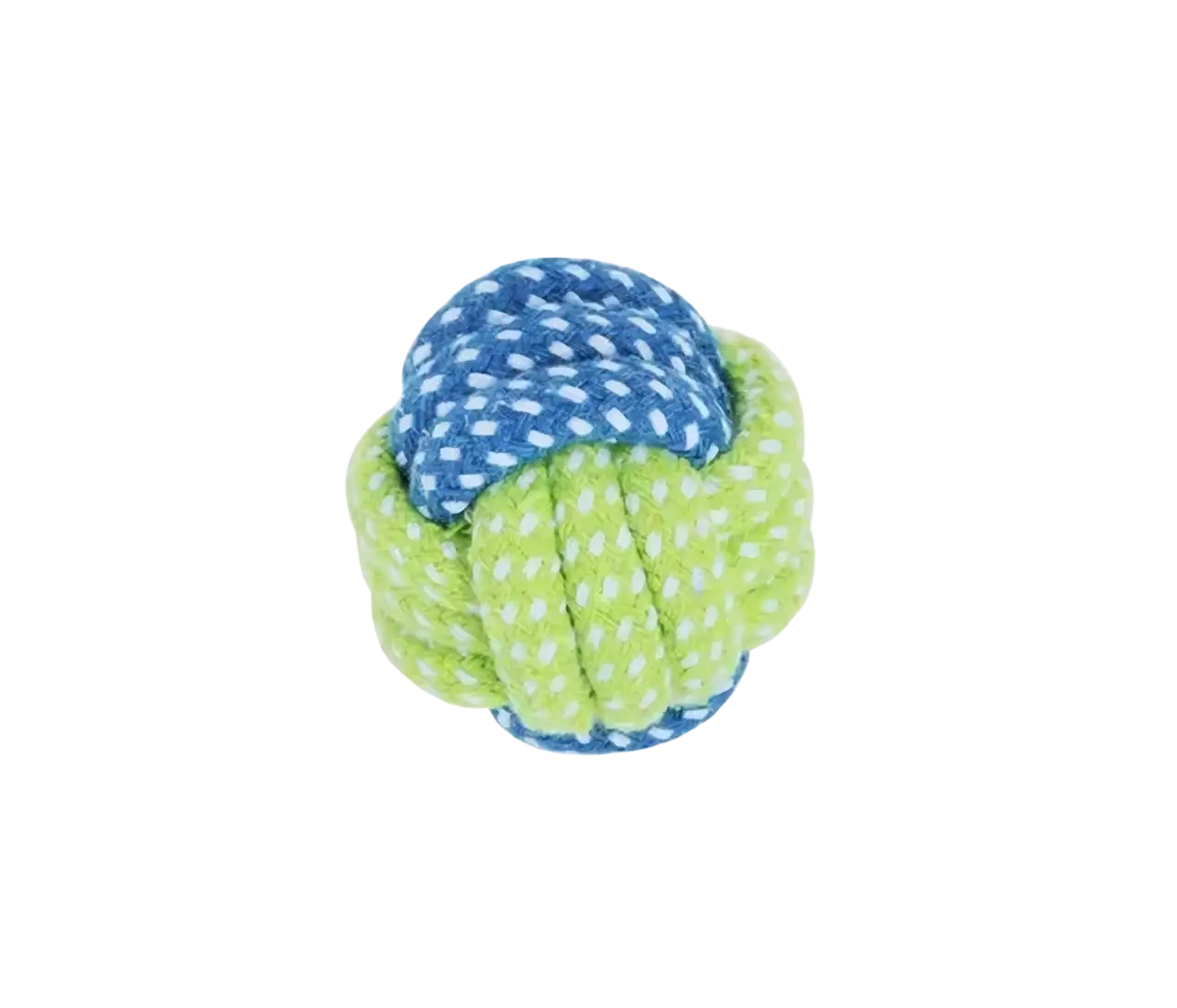 A knotted cotton rope dog toy ball with blue and white patterned top and lime green bottom for chew and teeth cleaning