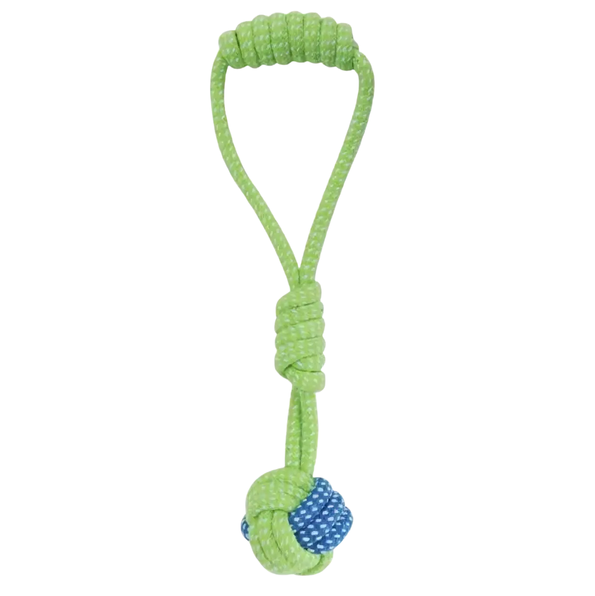 A lime green cotton rope dog toy with a knotted handle and blue patterned knot for chew and teeth cleaning measures 27cm