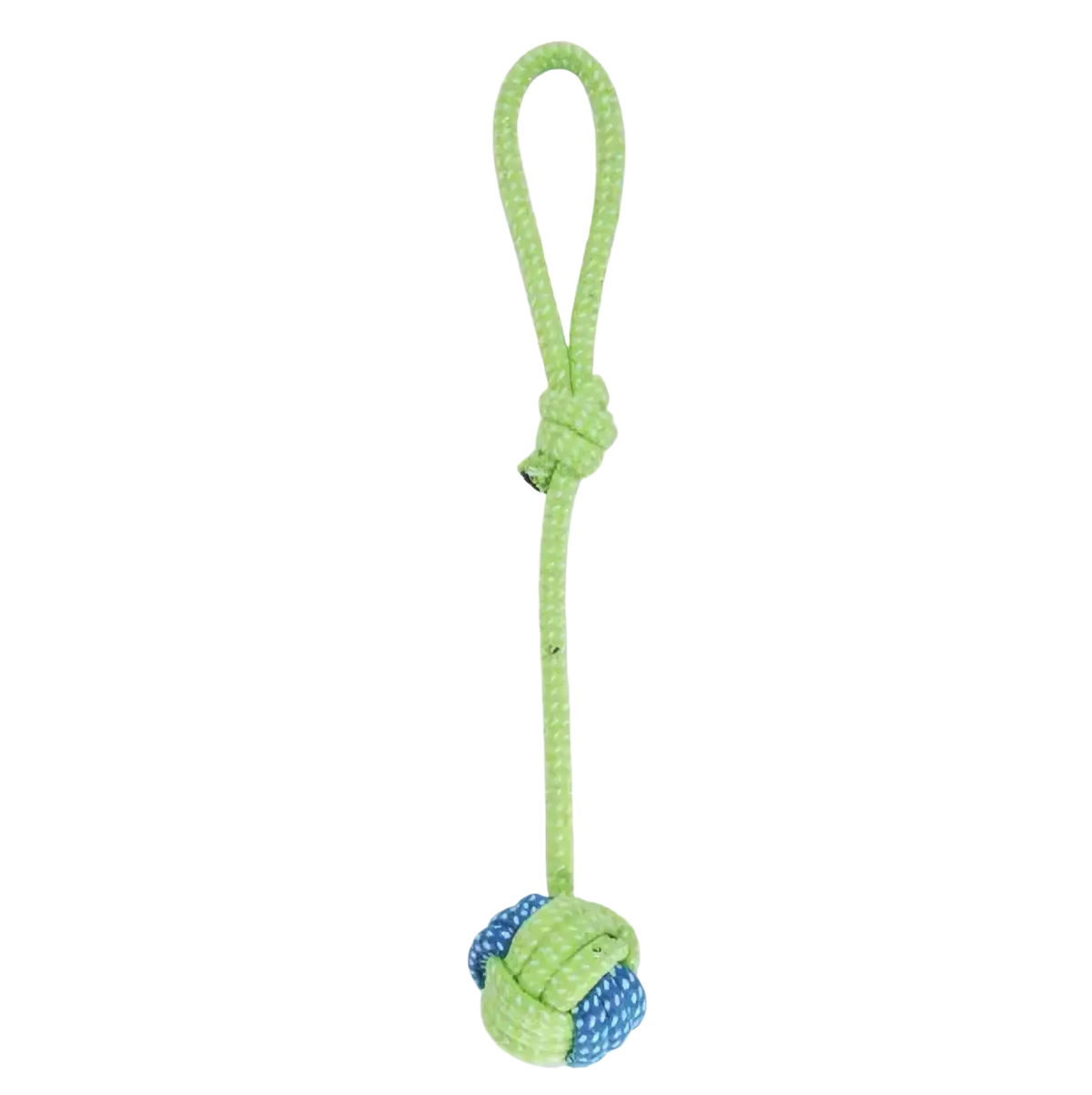 A lime green and blue cotton rope dog toy with a loop handle 32cm for chew and teeth cleaning purposes