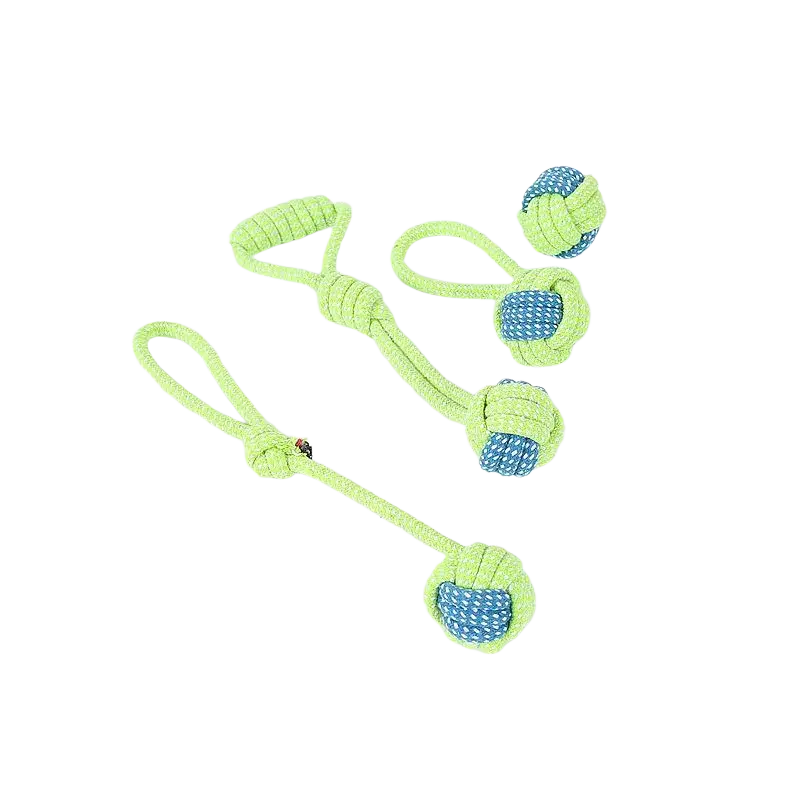 Set of three lime green and blue cotton rope dog toys with knotted handles and textured balls for chewing and teeth cleaning