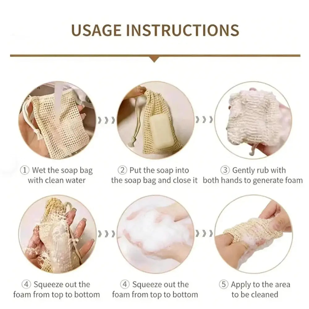 Beige mesh cotton soap saver bag with drawstring closure exfoliating pouch for gentle cleansing