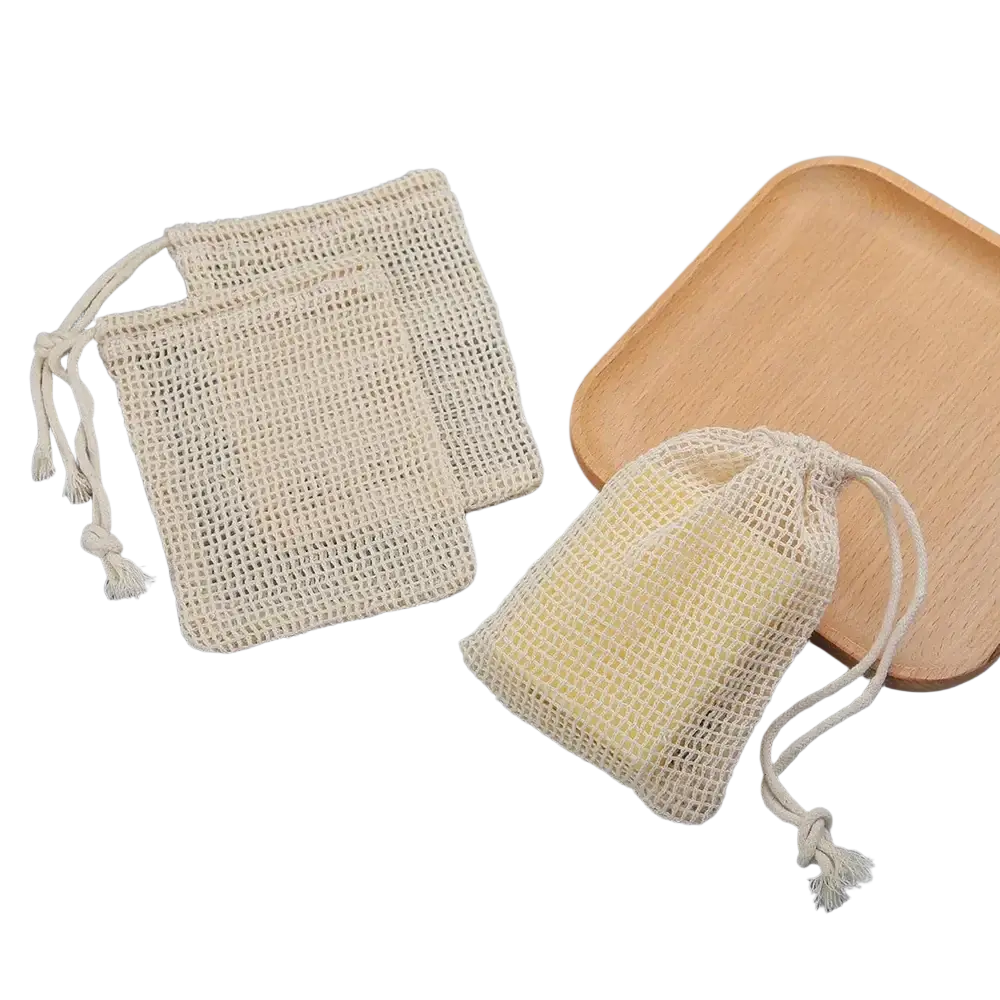 Beige cotton soap saver bag 3 pack with mesh drawstring and frayed tassels for exfoliating and storage