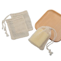 Beige cotton soap saver bag 3 pack with mesh drawstring and frayed tassels for exfoliating and storage