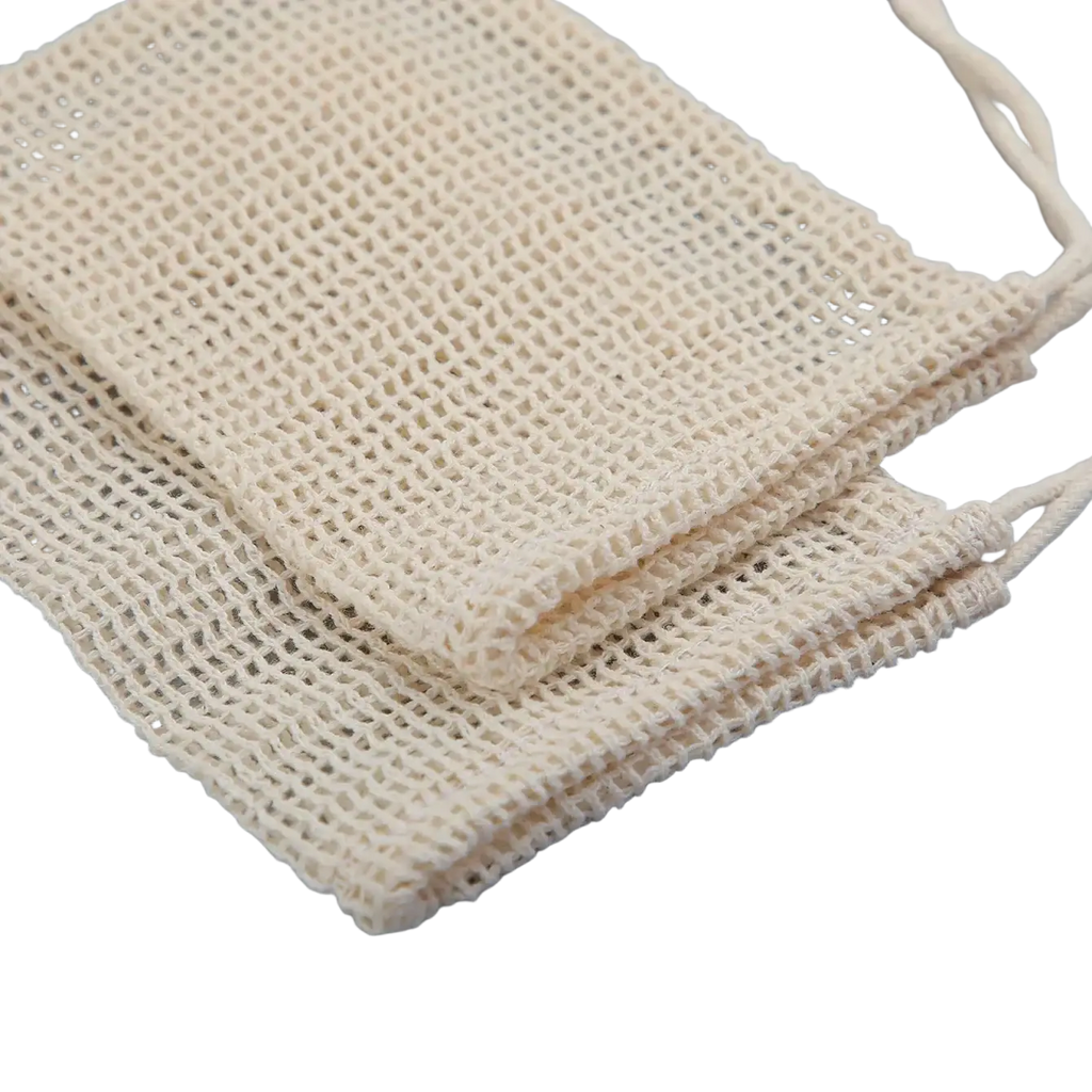 Off-white knitted mesh cotton soap saver bags with drawstring closures 3 pack exfoliating pouch set
