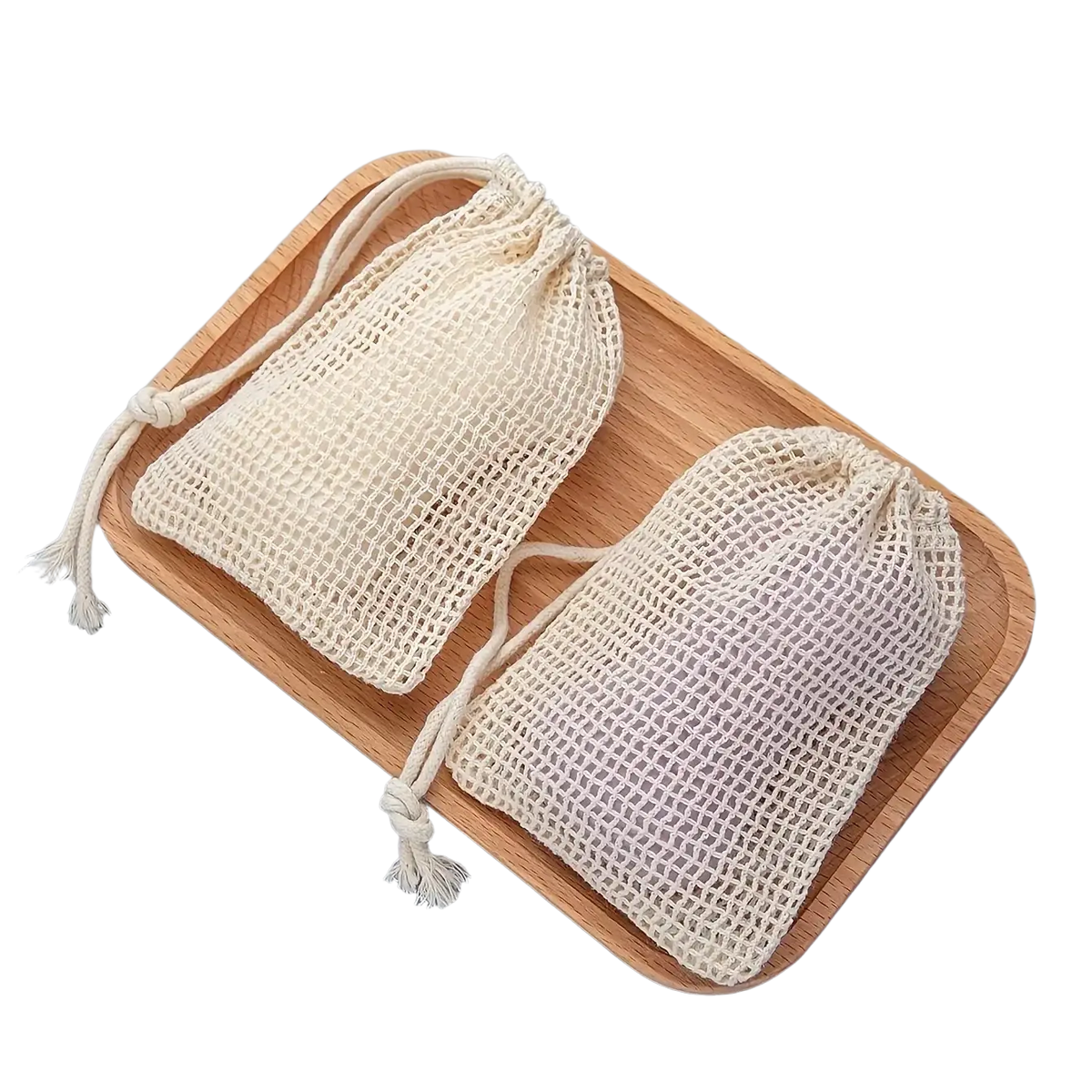 Two off-white mesh-woven cotton soap saver bags with drawstring closures and frayed tassels in a 3 pack