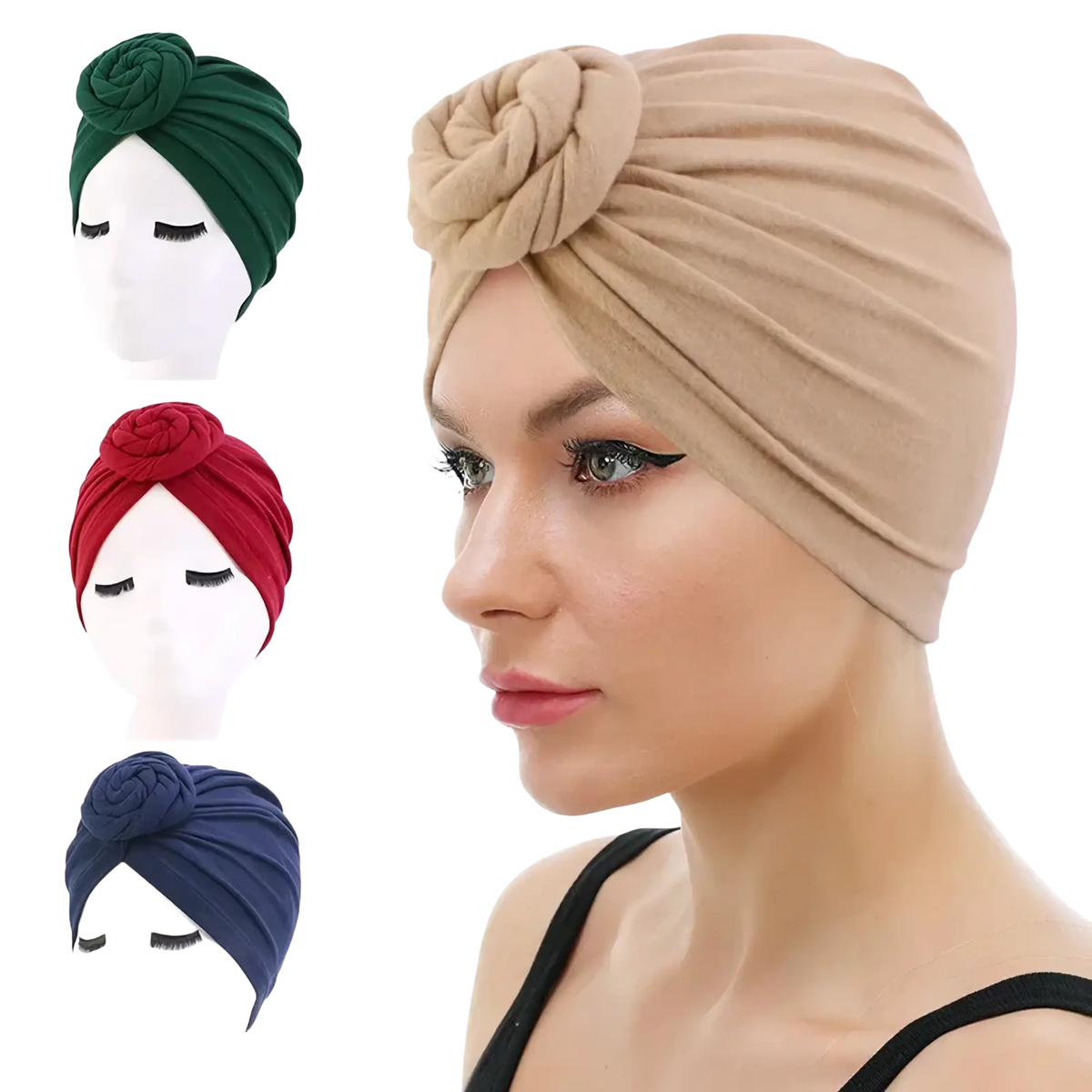 Beige cotton turban headwrap for women with a knotted rose design suitable for hijab or fashion use