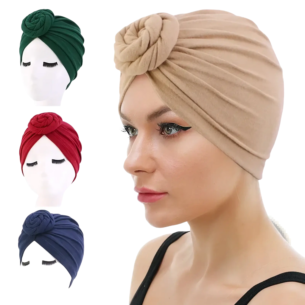 Beige cotton turban headwrap for women with a knotted rose design suitable for hijab or fashion use