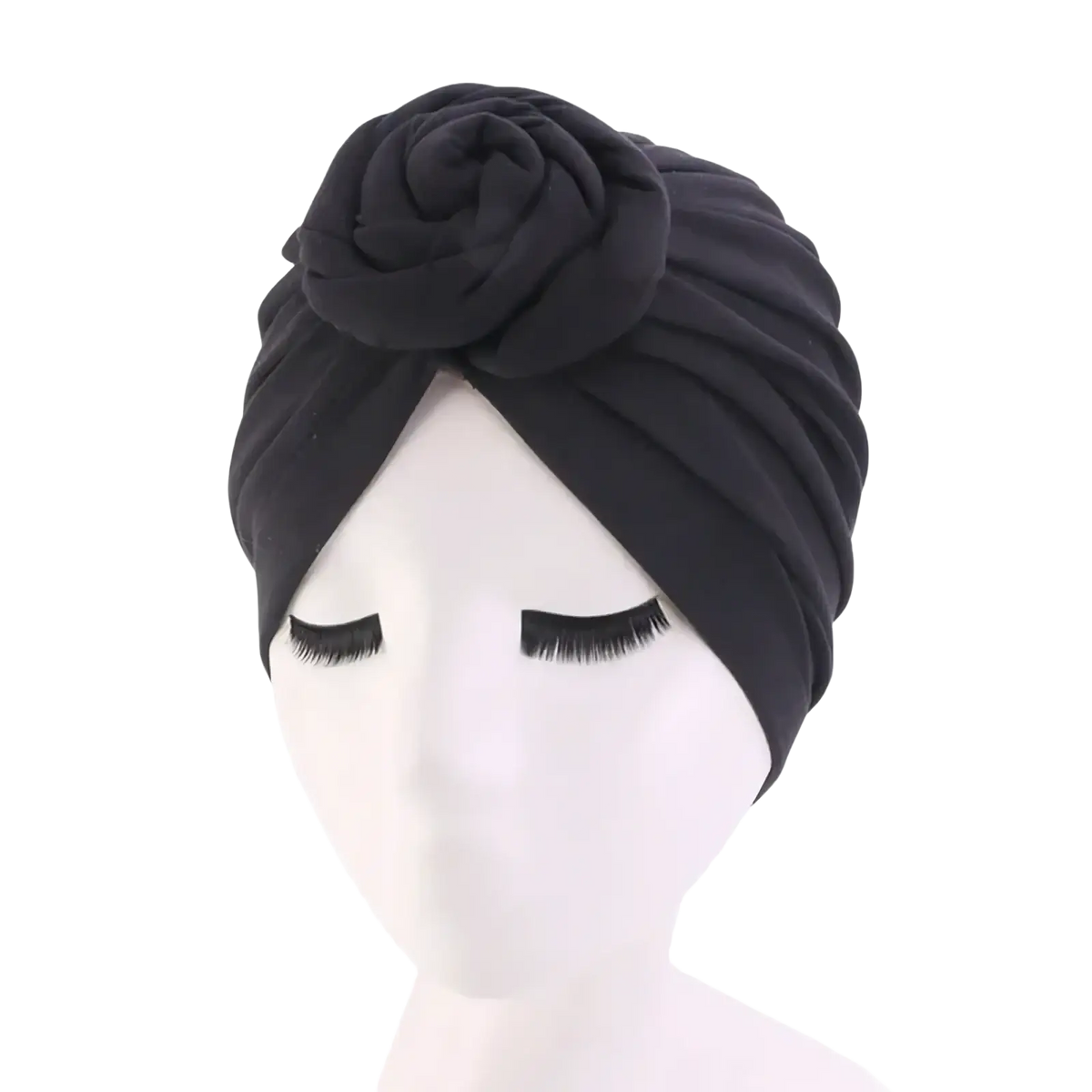 Black cotton turban headwrap for women with a large rose knot embellishment suitable as a hijab cap
