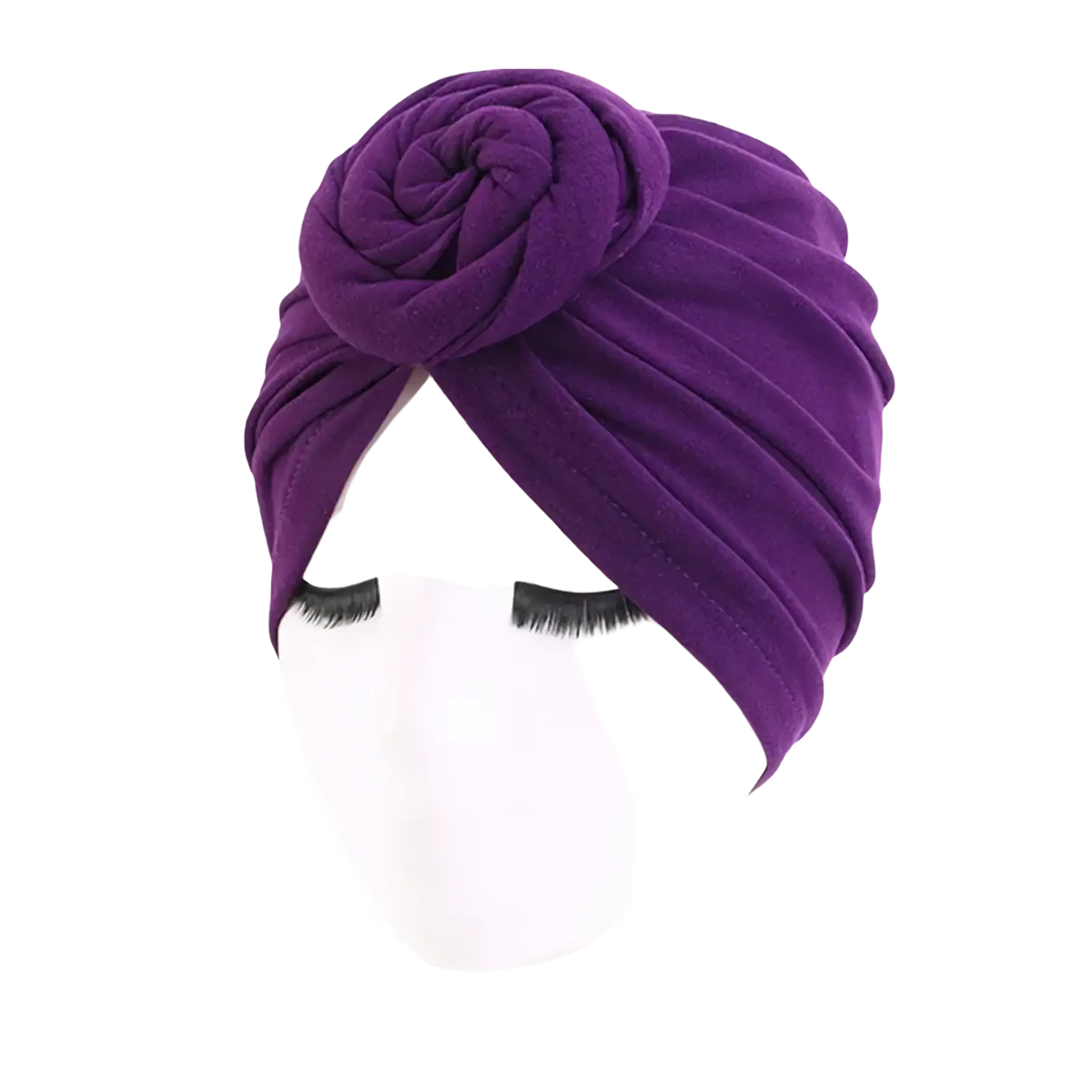 Purple velvet cotton turban headwrap for women featuring a rose-shaped embellishment and rose knot design