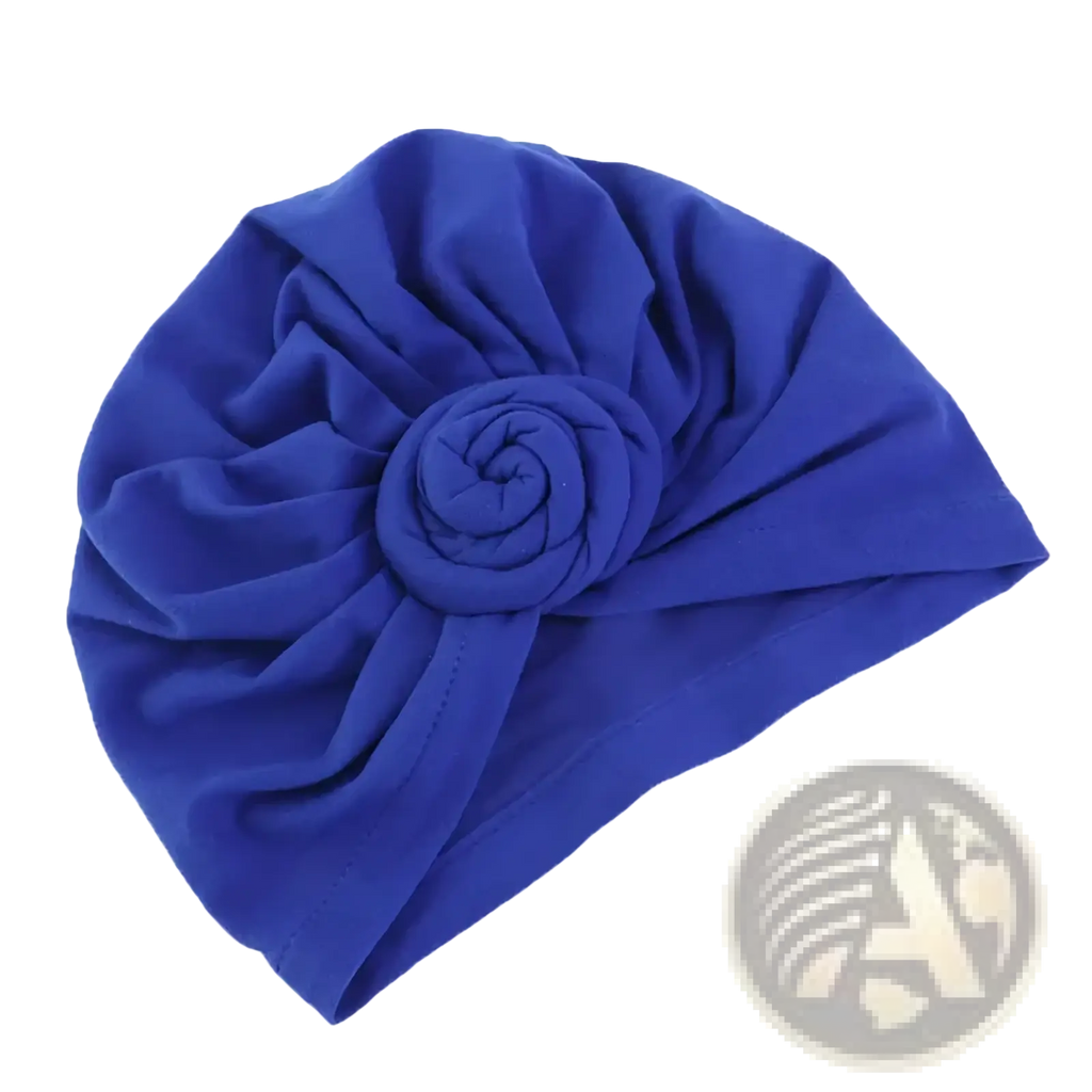 Royal blue cotton turban headwrap for women with rose knot hijab cap and matching rose-shaped embellishment